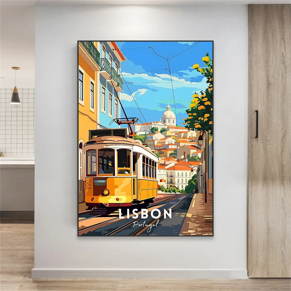 Elétricos de Lisboa Canvas Wall Art Vibrant Nature Landscape & Cityscape Poster, Modern Home Decor for Living Room Peaceful Pleasures Health and Wellness