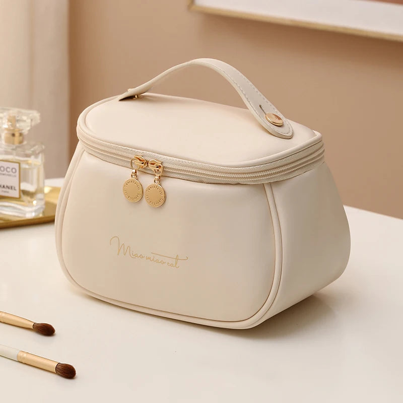 2026 New PU Leather Cosmetic Bag For Women Multi-Functional Portable Travel Storage Makeup Case Female Toiletry Kit Bag YUZI Peaceful Pleasures Health and Wellness white 21x14x14cm