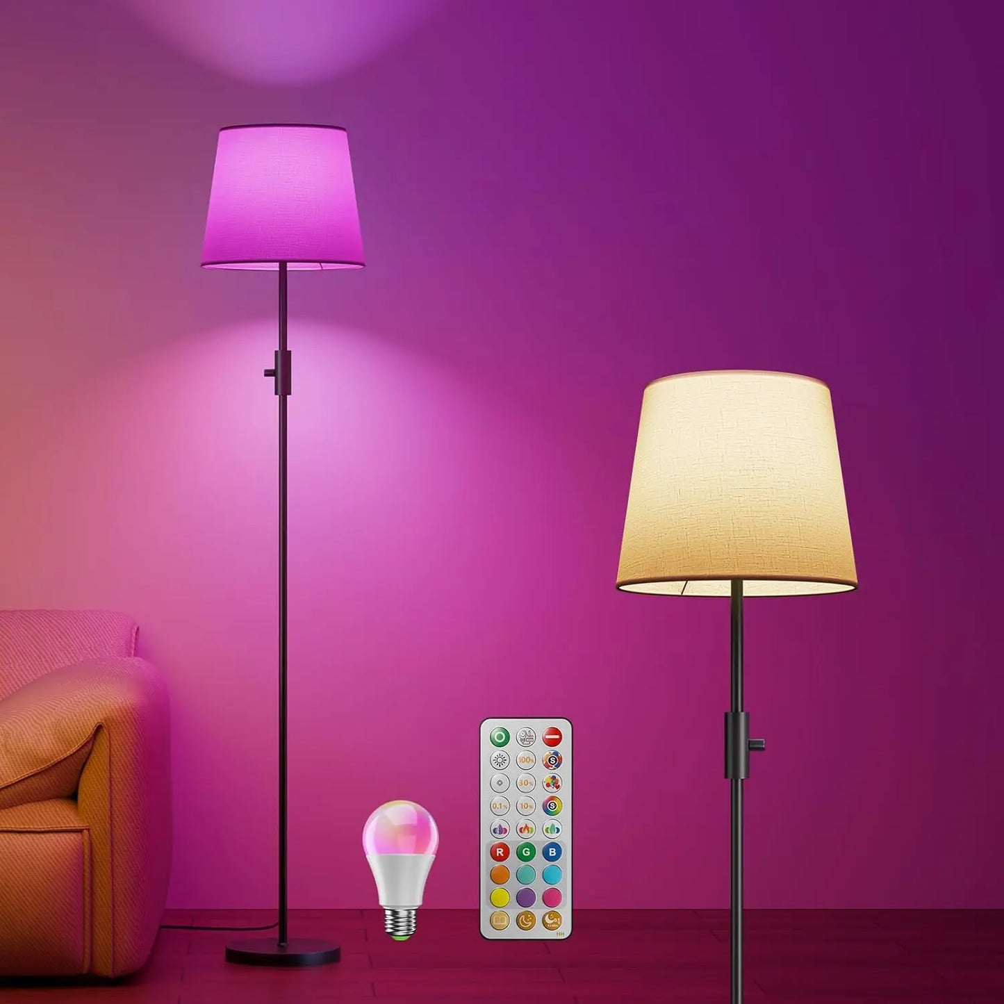 Two floor lamps with a remote control and LED light bulb on a purple background
