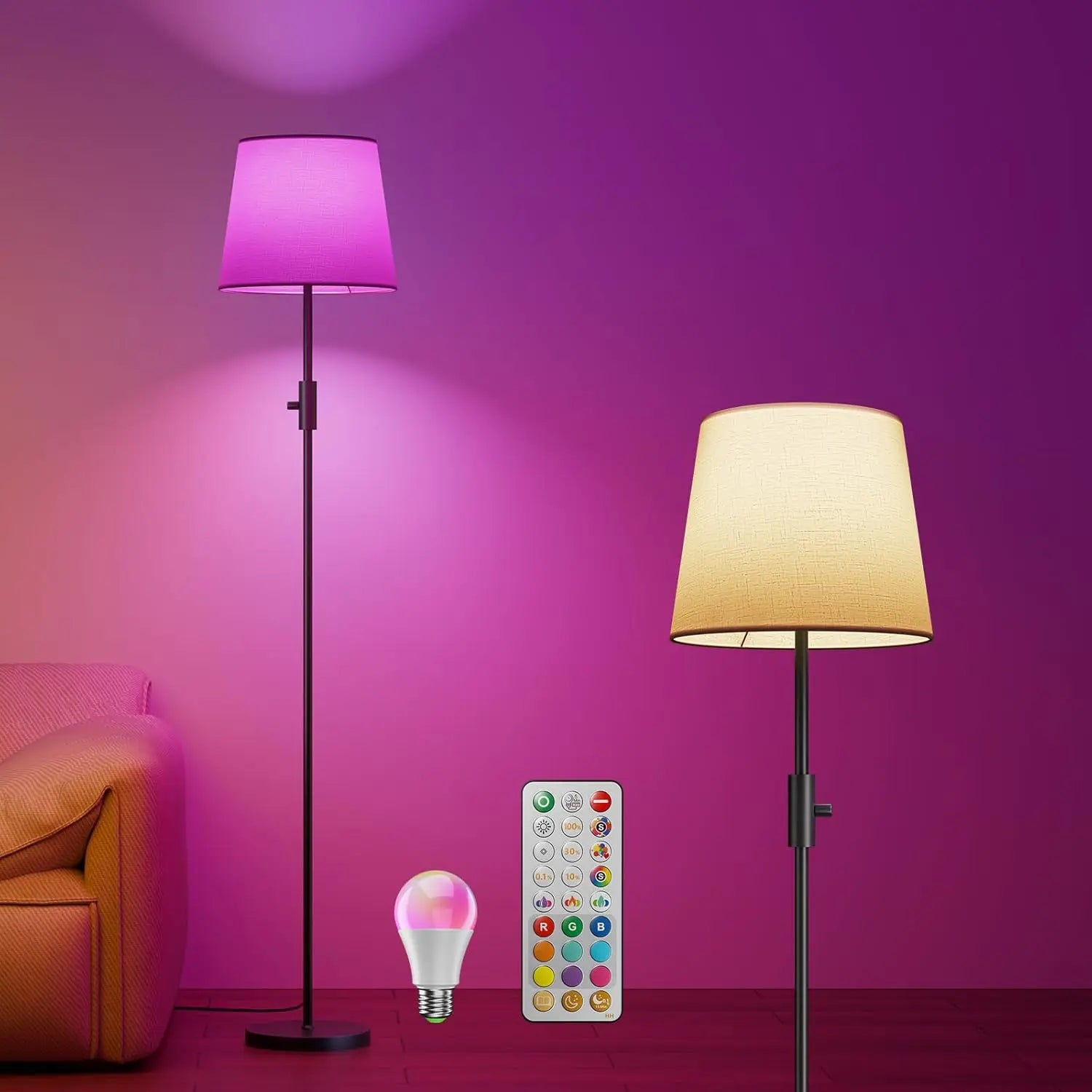 Two floor lamps with a remote control and LED light bulb on a purple background