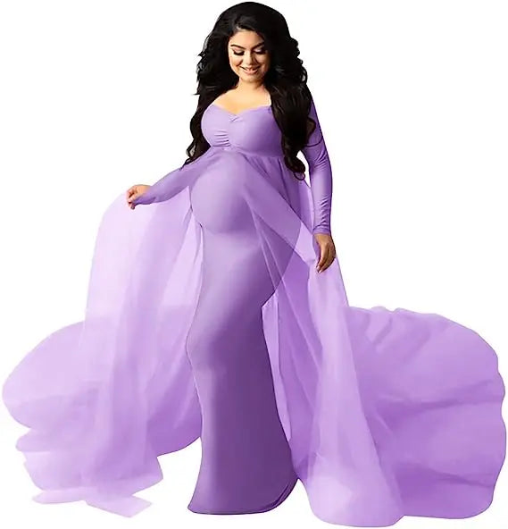 Deep V-Neck Lace Feather Maternity Gown | Photo Shoot Dress Maternity Photography Dress Peaceful Pleasures Health and Wellness D Lavender M China Mainland