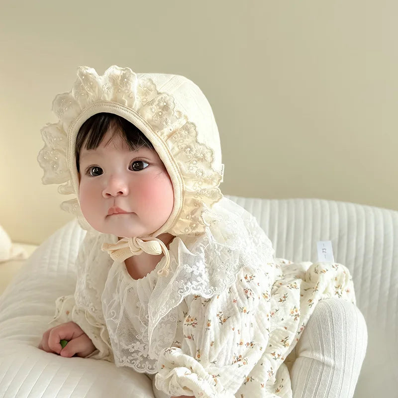 Baby Girl Lace Ruffle Bonnet Hat | Newborn Photo Prop Cap