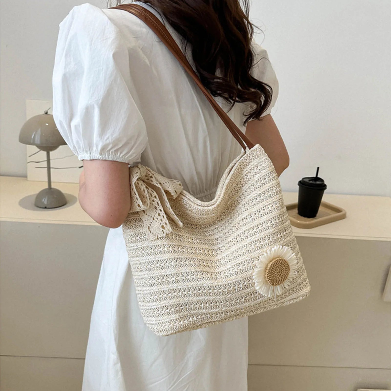 Women Casual Summer Handbag Aesthetic Design Large Capacity Woven Shoulder Bags Ideal Gift for Yourself Female Friends Peaceful Pleasures Health and Wellness