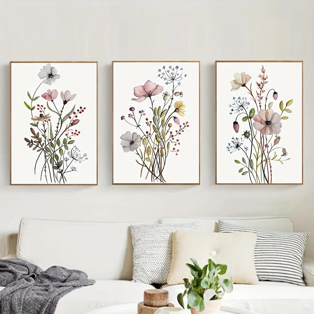 3-Piece Watercolor Wildflower Canvas Wall Art | Nordic Botanical