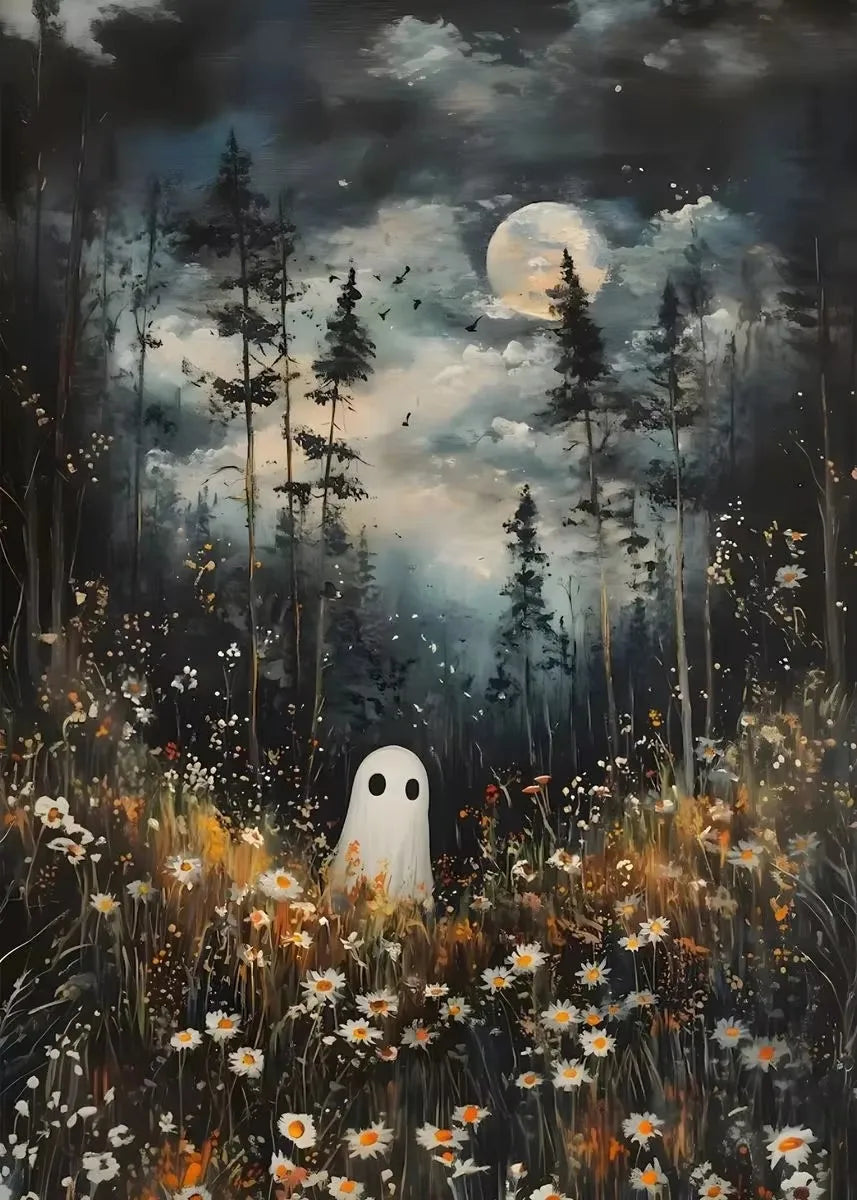 Halloween Ghost & Pumpkin Canvas Wall Art | Dark Academia Poster Canvas Wall Art Peaceful Pleasures Health and Wellness ZLH5362 30x45cm No Frame