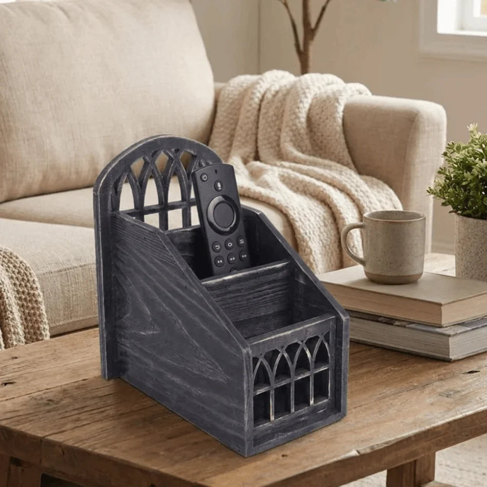 3-Grid Wooden Remote Control Holder | Vintage Desktop Organizer