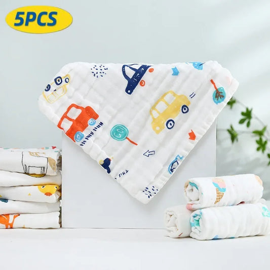 5-Pack Baby Cotton Gauze Washcloths | Soft Cartoon Handkerchiefs Baby Washcloths Peaceful Pleasures Health and Wellness