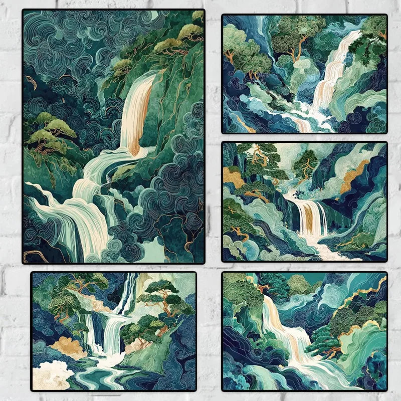 Hokusai Waterfall Oil Painting Print Japanese Ukiyo-e Blue Green Wall Art Modern Canvas Poster Living Room Bedroom Home Decor Peaceful Pleasures Health and Wellness