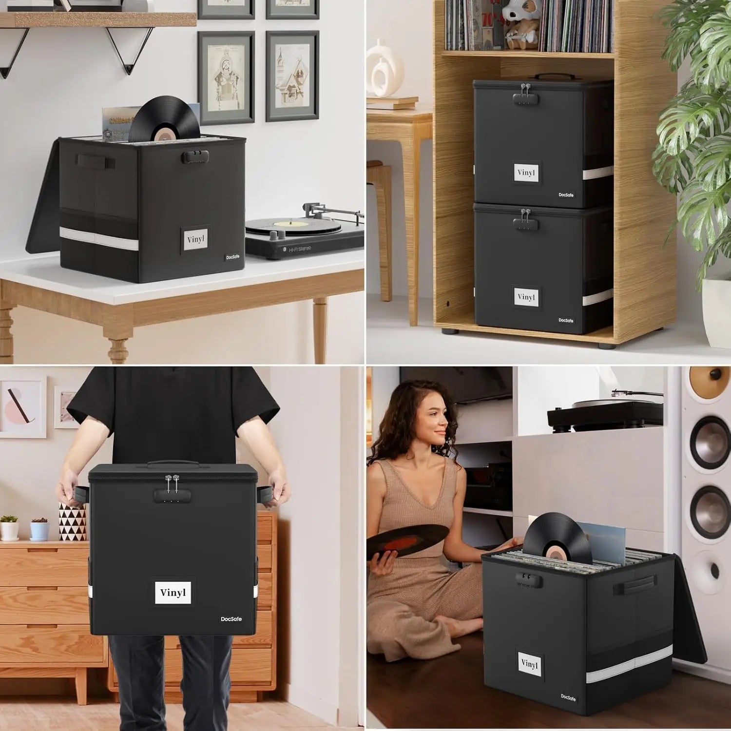 Black vinyl record storage box used by people in various settings.