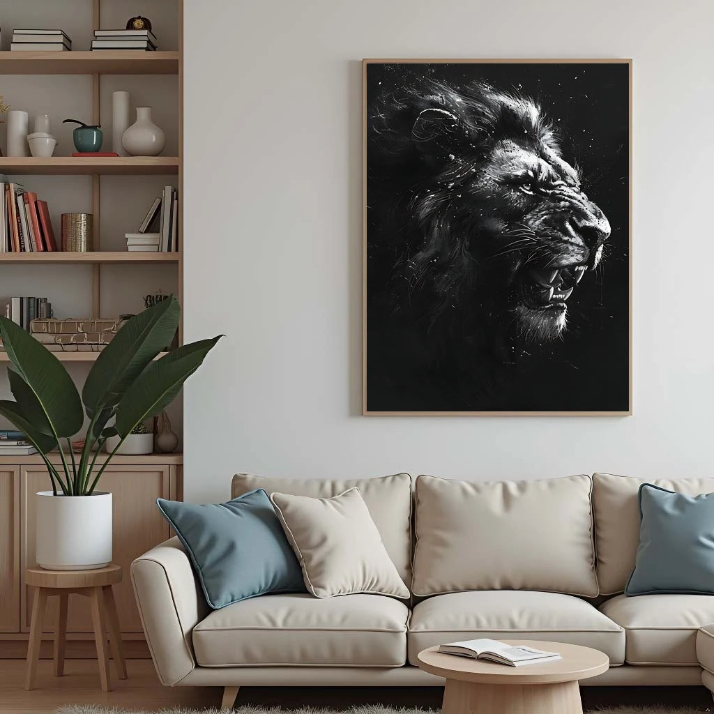 Abstract Wall Art Black Monochrome Style Angry Lion Canvas Painting Modern Style Poster Prints Living Room Wall Decor Peaceful Pleasures Health and Wellness