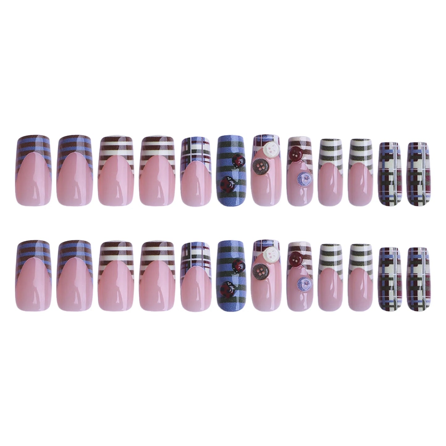24pc 3D Ladybug Press On Nails – French Striped Y2K Style