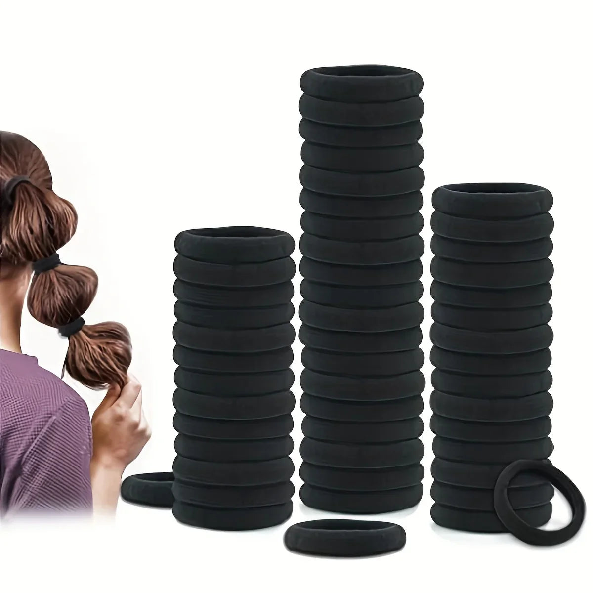 50-Pack Black Seamless Elastic Hair Bands – 4cm Women's Ties
