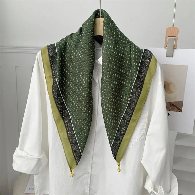 70x70 Retro Print Square Silk Scarf with Magnetic Buckle