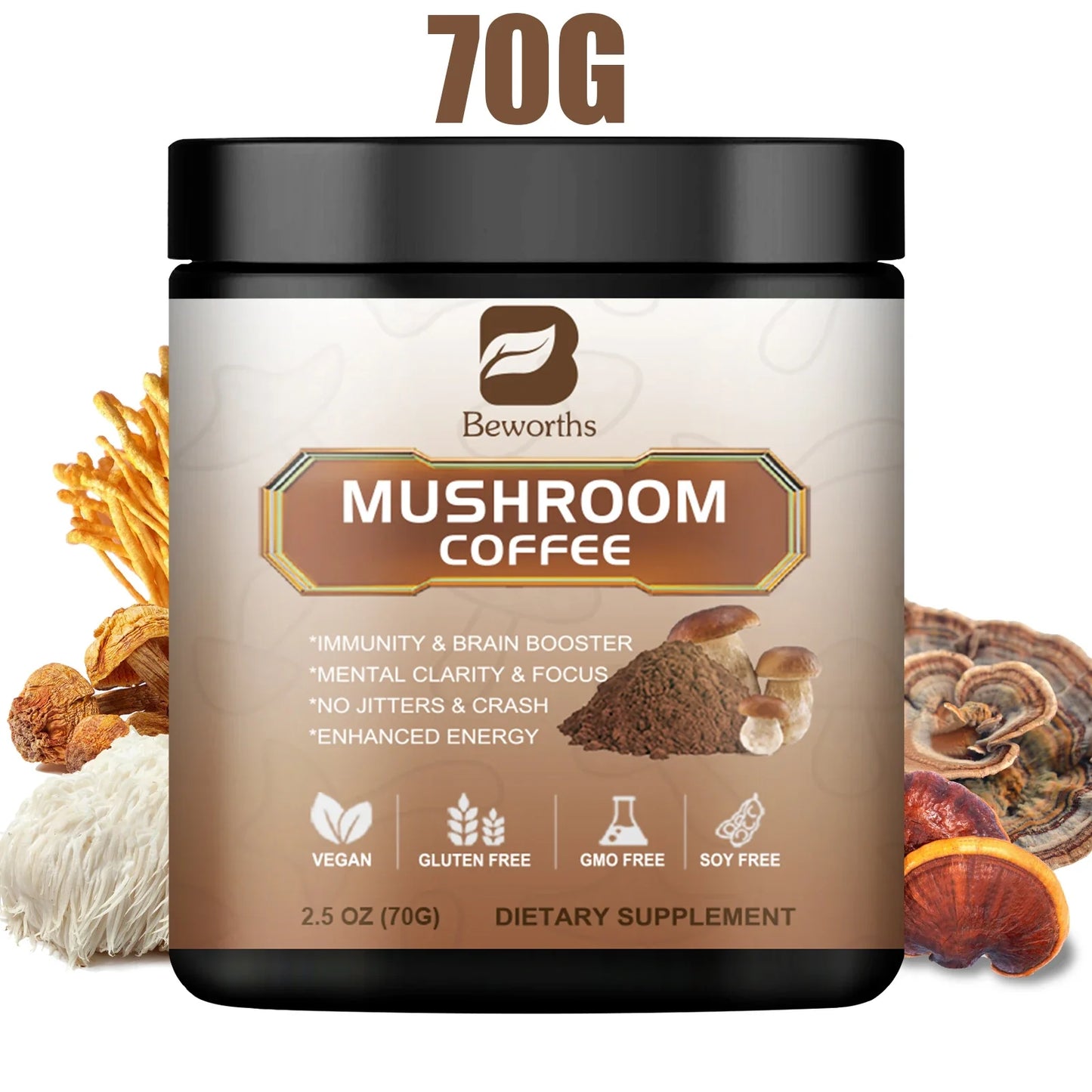 BEWORTHS 10-in-1 Mushroom Coffee – Lion's Mane & Reishi 70g