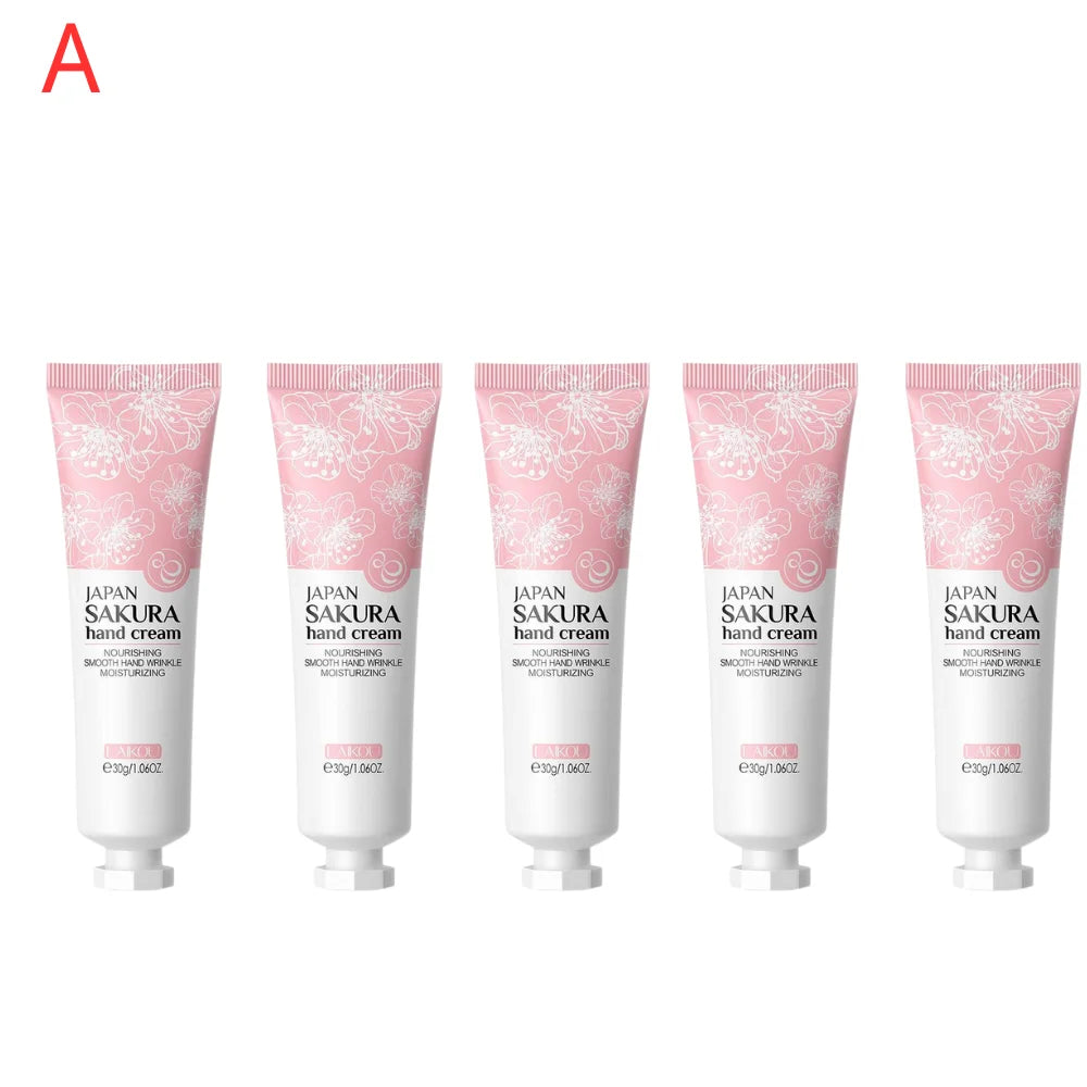 5pcs Sakura/Collagen Hand Cream Hydrating Moisturizing Cherry Blossom Essential Oil Deep Repairing Smoothing Hand Care Cream Peaceful Pleasures Health and Wellness A