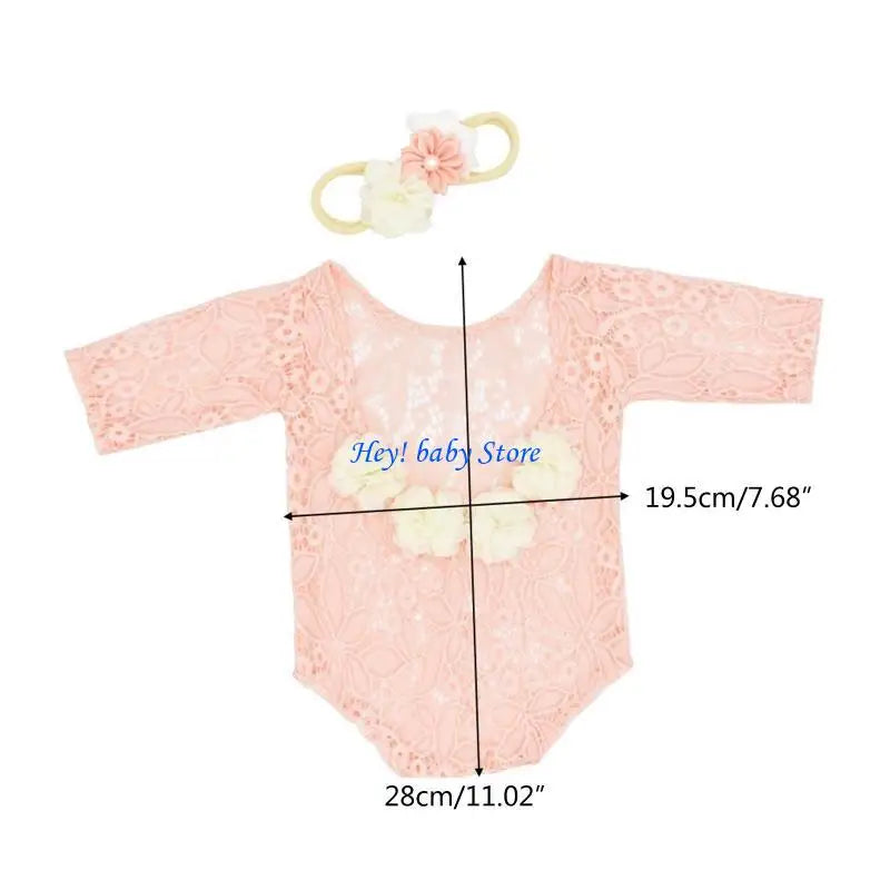Baby Girl Lace Romper & Flower Pearl Headband Photography Set