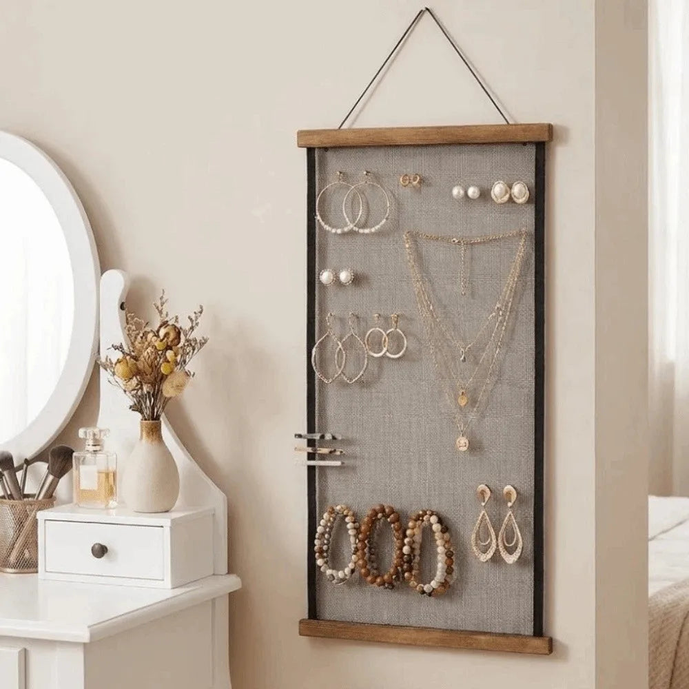 Wood Frame Mesh Grid Jewelry Hanging Display & Storage Rack