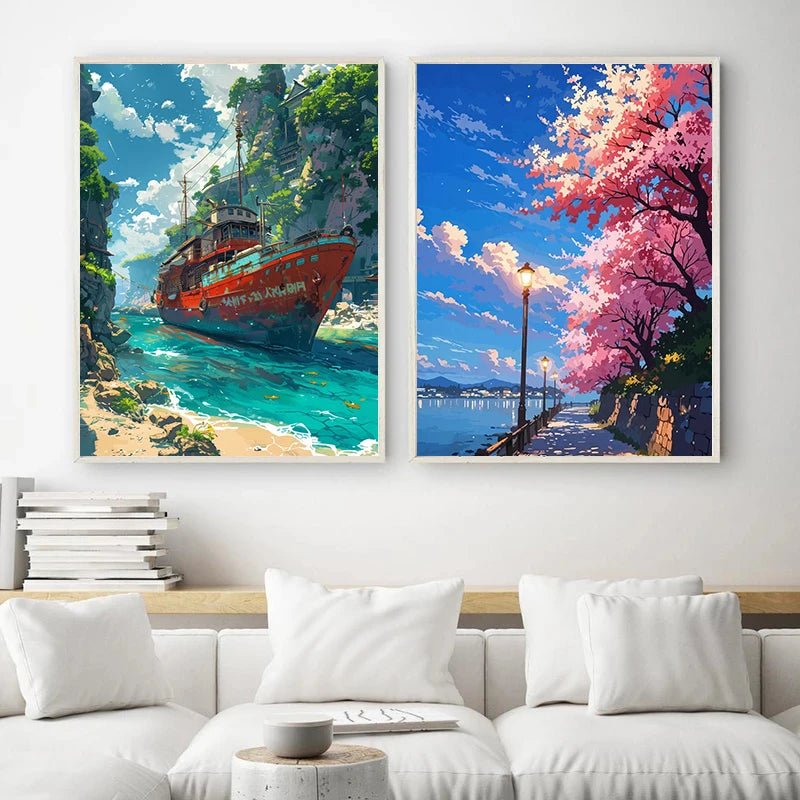 Seaside Town Landscape Canvas Wall Art | Coastal Poster Print