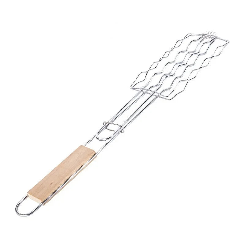 Hot Dog Grill Basket – 6-Sausage BBQ Rack with Wooden Handle BBQ Grill Basket Peaceful Pleasures Health and Wellness Silver