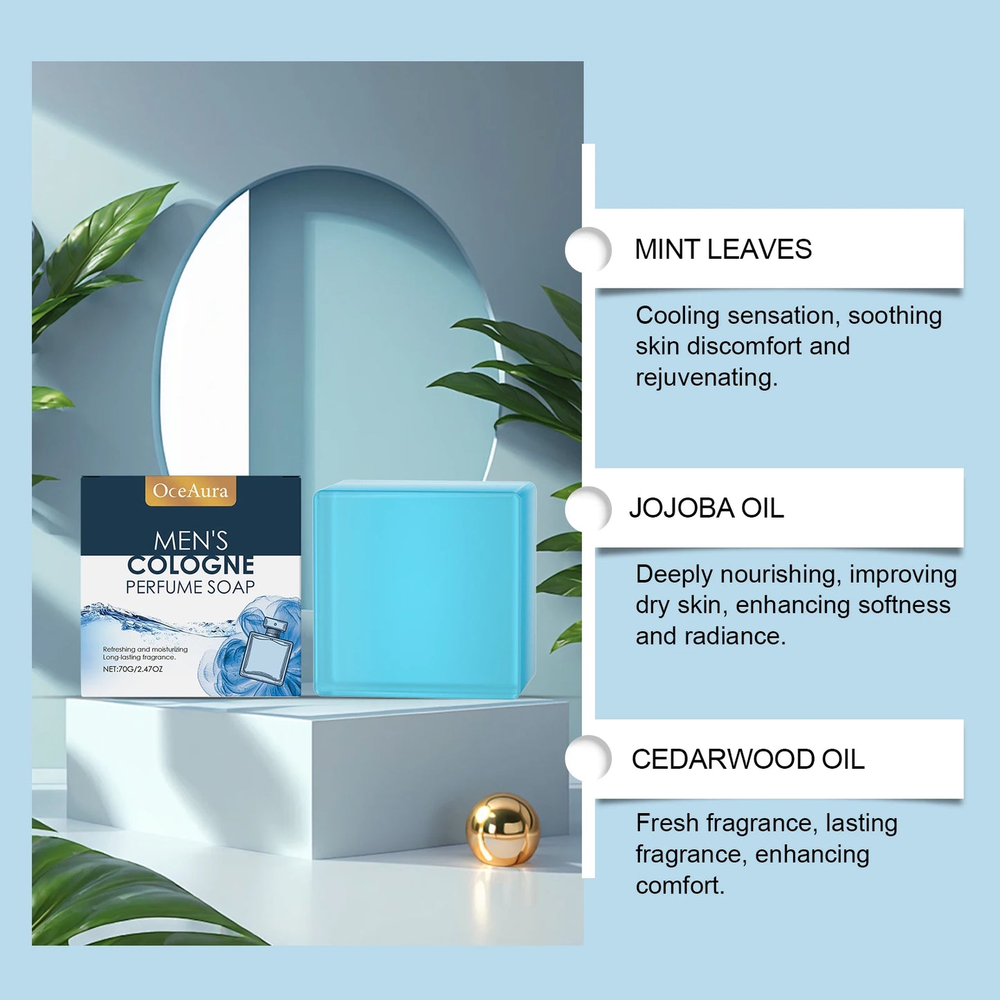 OceAura Men's Perfume Bath Soap Cool Refreshing Cleanse 70g
