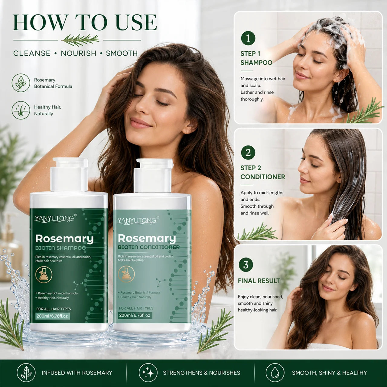 Rosemary shampoo and conditioner set – gentle cleansing, deep moisturizing, and softening effects. Peaceful Pleasures Health and Wellness