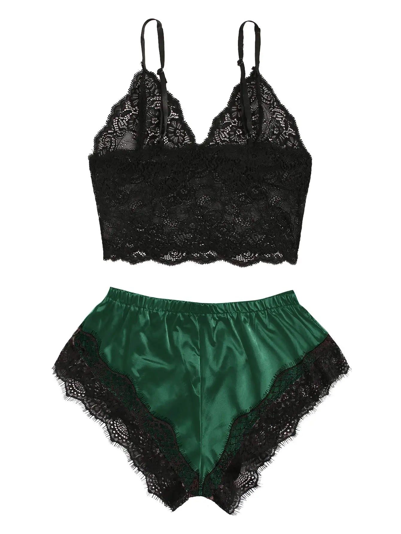 2PCS Women's Satin Pajama Set Lace Cami Top and Shorts Sexy Lingerie Sleepwear Summer Breathable Nightwear Black And Pink Peaceful Pleasures Health and Wellness