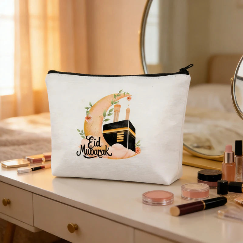 Eid Mubarak Canvas Makeup Bag | Mosque Moon Ramadan Gift Canvas Cosmetic Bag Peaceful Pleasures Health and Wellness