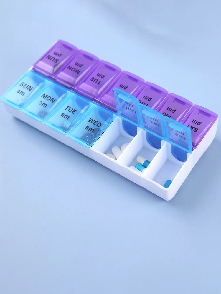 JUSTLANG Weekly 14 Grids 7 Days Pill Box Portable Travel Cases Organizer Pill Container Storage Tablets Vitamin Medicine Peaceful Pleasures Health and Wellness blue-purple