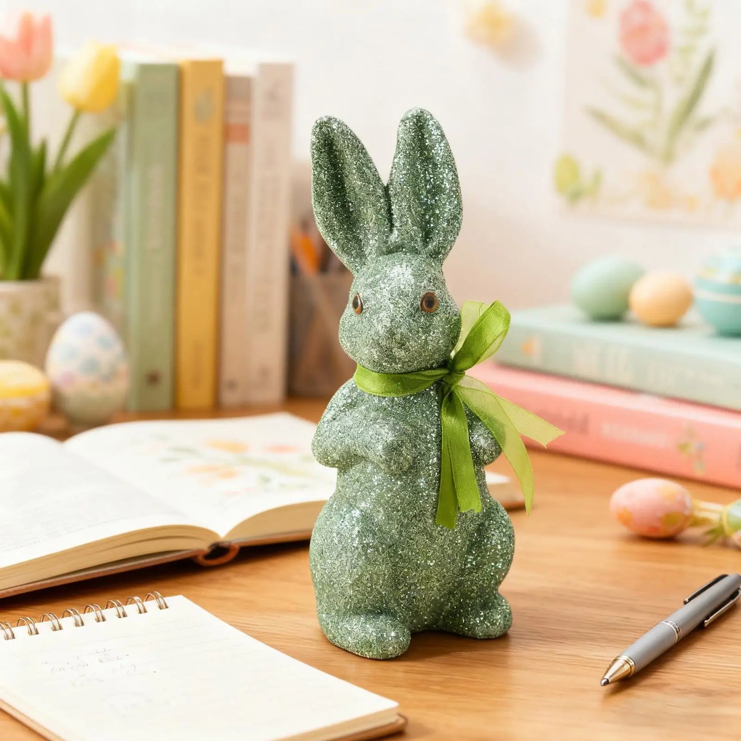 Easter Rabbit Garden Statue | Glitter Foam Bunny Figurine with Bow