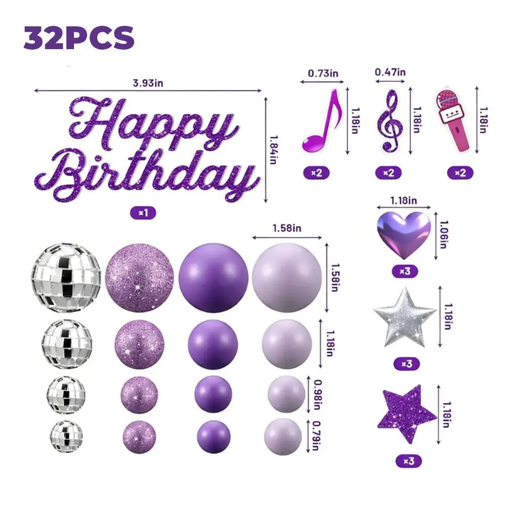 32pc Purple Music Cake Topper Set – Disco Balls, Stars & Hearts