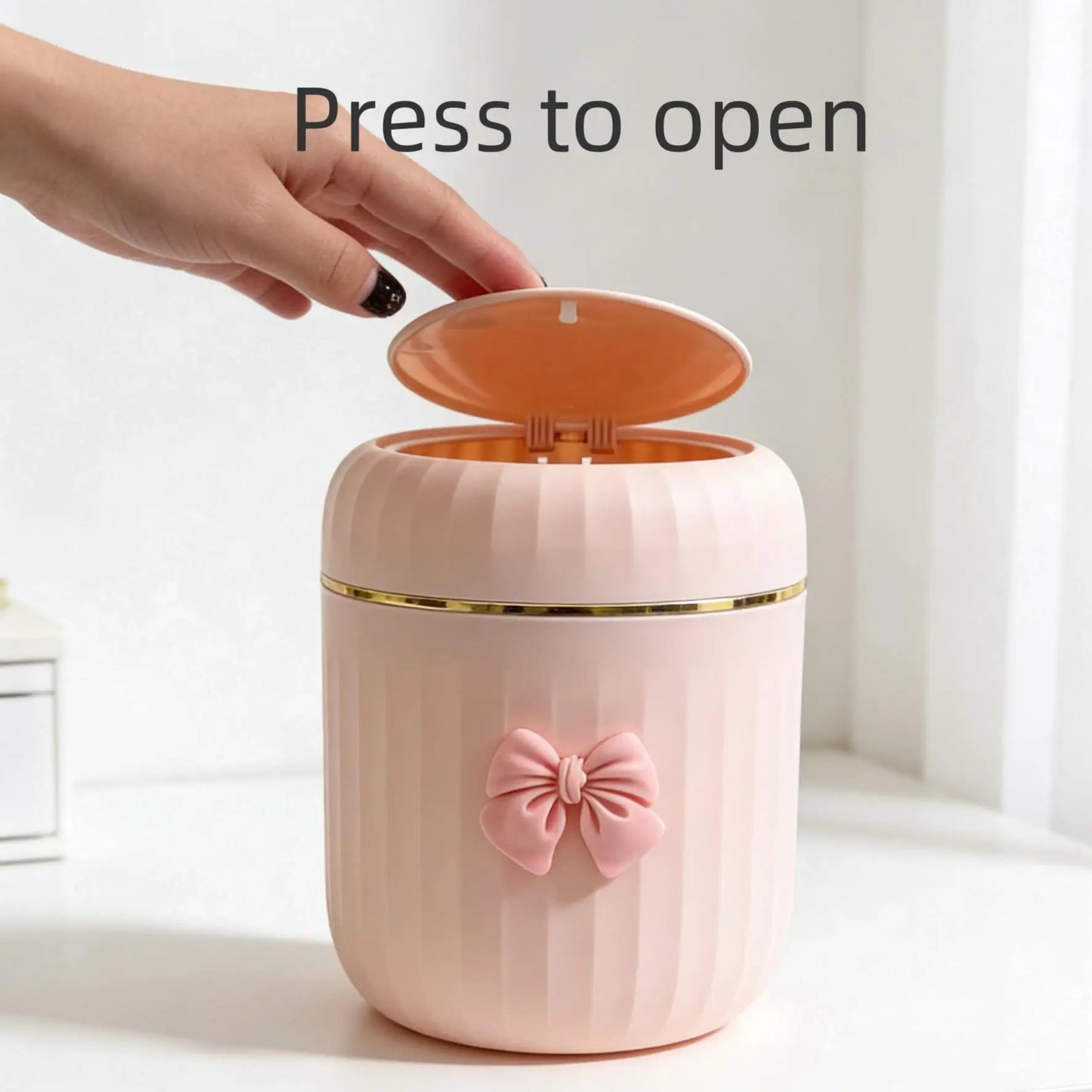 Mini Desktop Trash Can with Lid & Bow Decor | Press-Open Bin