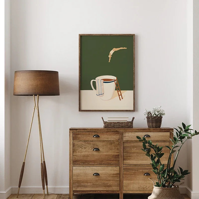 Funny Coffee Diver Canvas Wall Art | Kitchen Decor Print