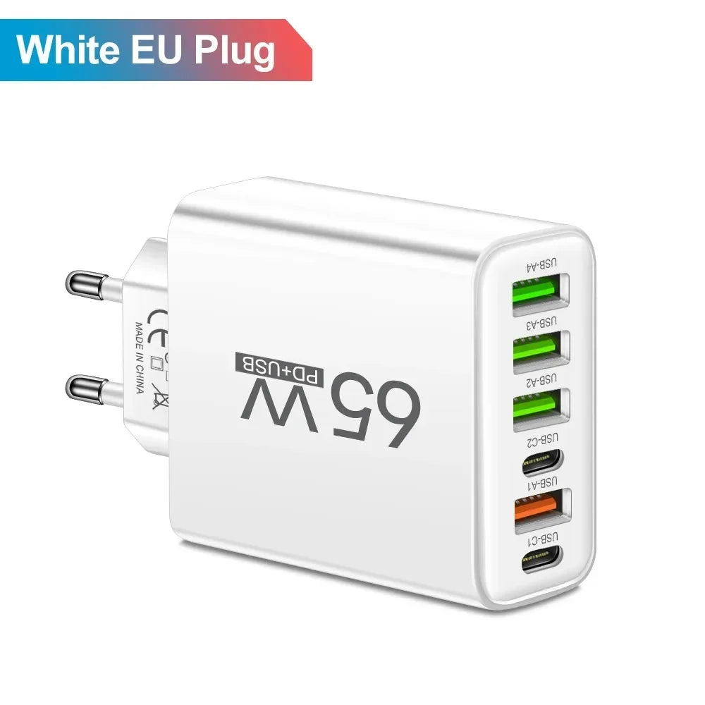 65W 6-Port USB-C Fast Charger | QC 3.0 & PD Multi-Device