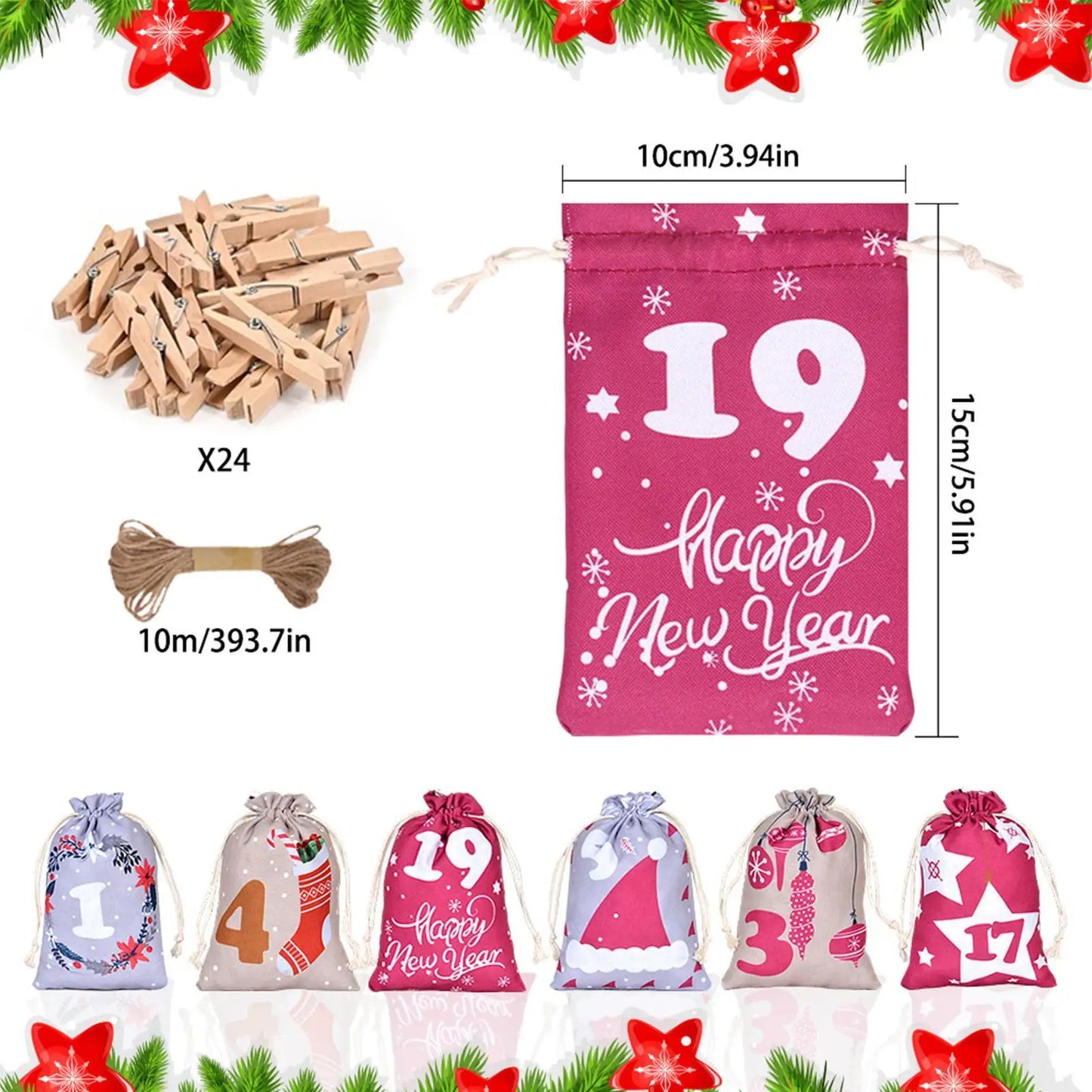 24-Day Christmas Advent Calendar Bags | Reusable Fillable Pouches