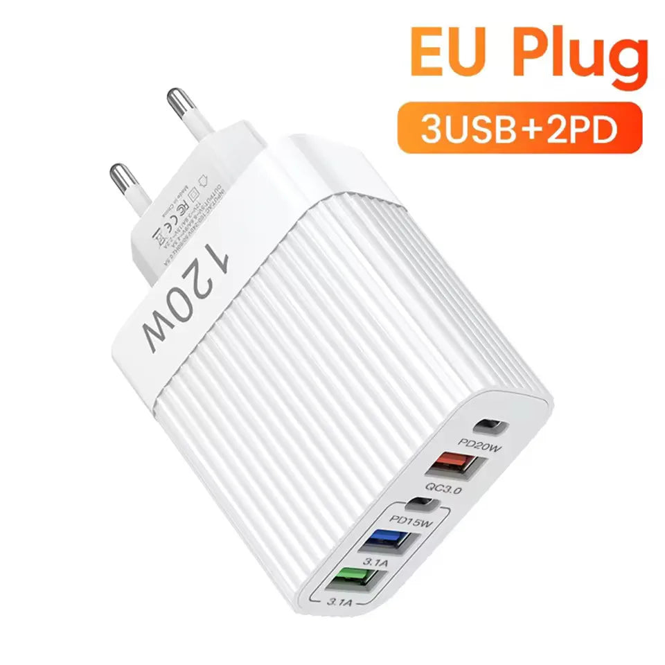 5-Port 120W USB-C PD Wall Charger – Fast Charge iPhone & Android