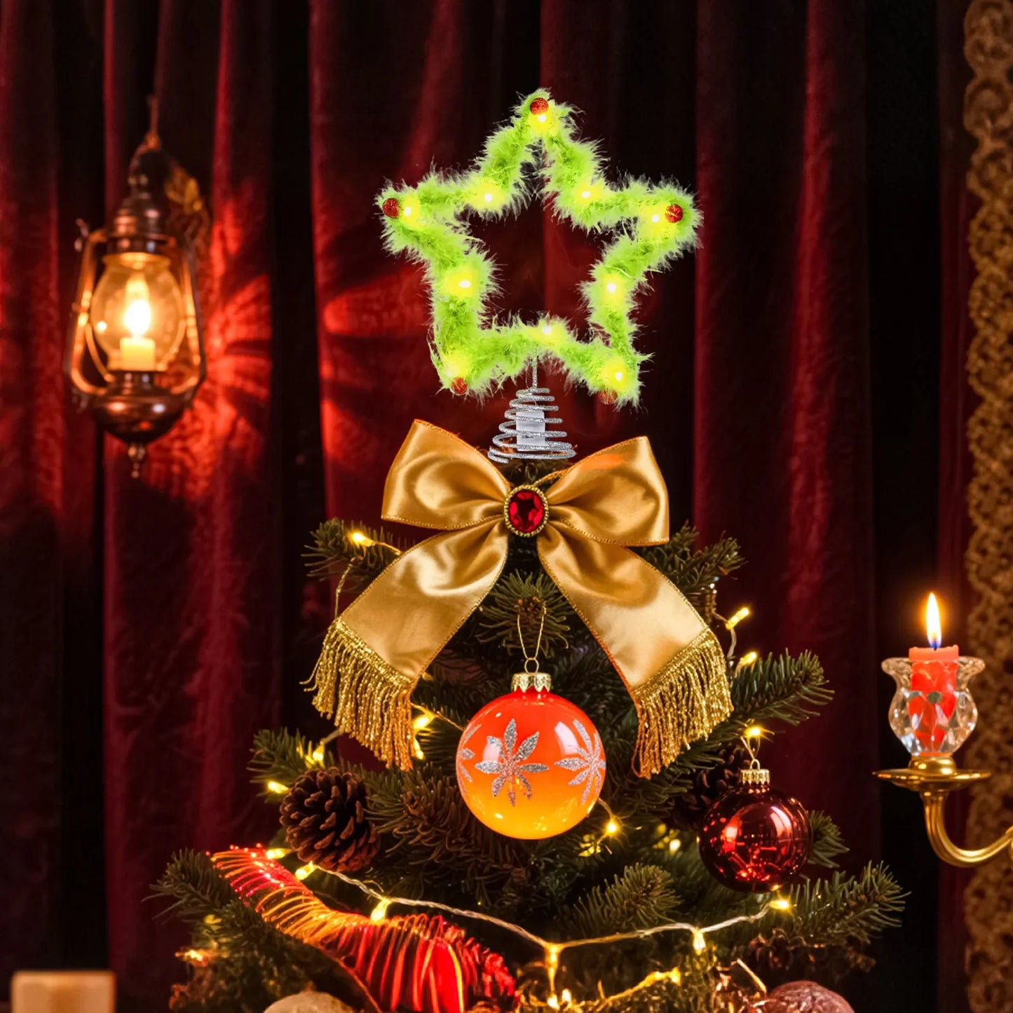 Grinch Christmas Tree Topper – Fuzzy Green Plush Star Ornament