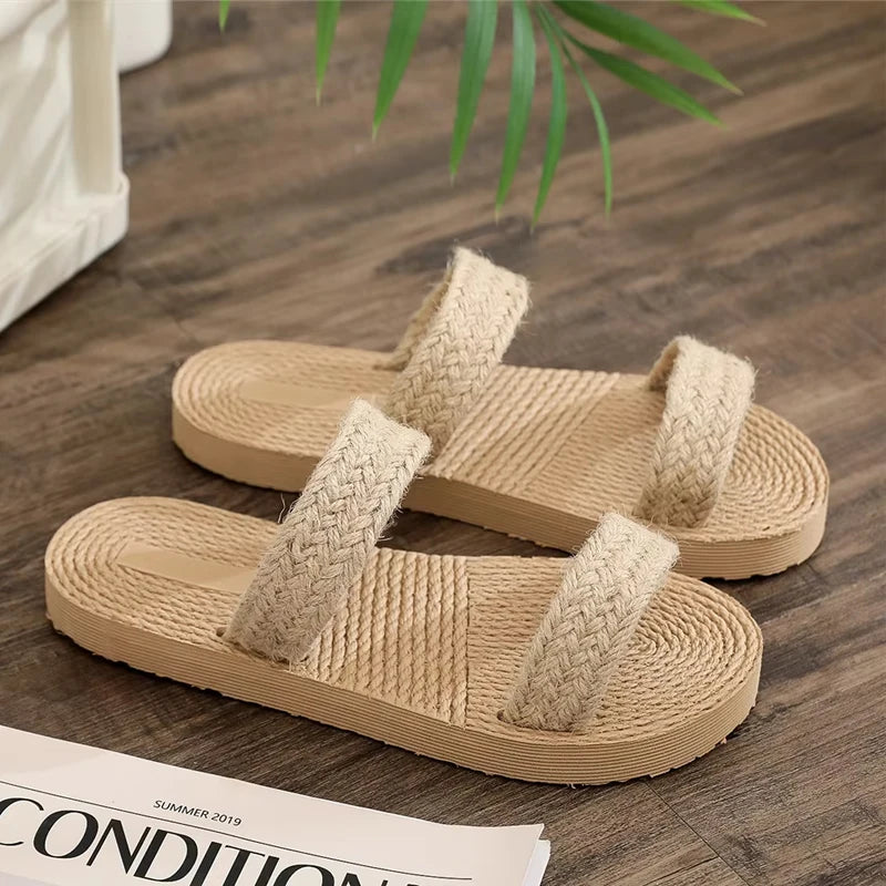 Women's Boho Straw Flip-Flop Beach Sandals | Flat Slippers