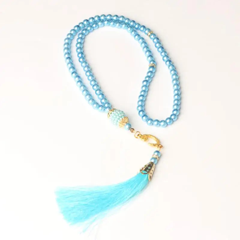 Islamic Prayer Beads 99Pcs 6MM Glass Pearls Rosary Necklace with Tassel for Muslim Spiritual Practice and Gifts Peaceful Pleasures Health and Wellness Light Blue