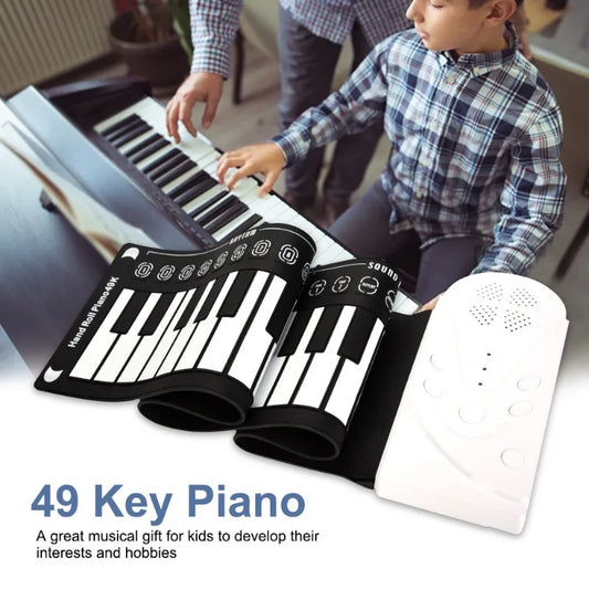 Portable 49-Key Hand Roll Piano Flexible Silicone Up Folding Peaceful Pleasures Health and Wellness Elegant Black