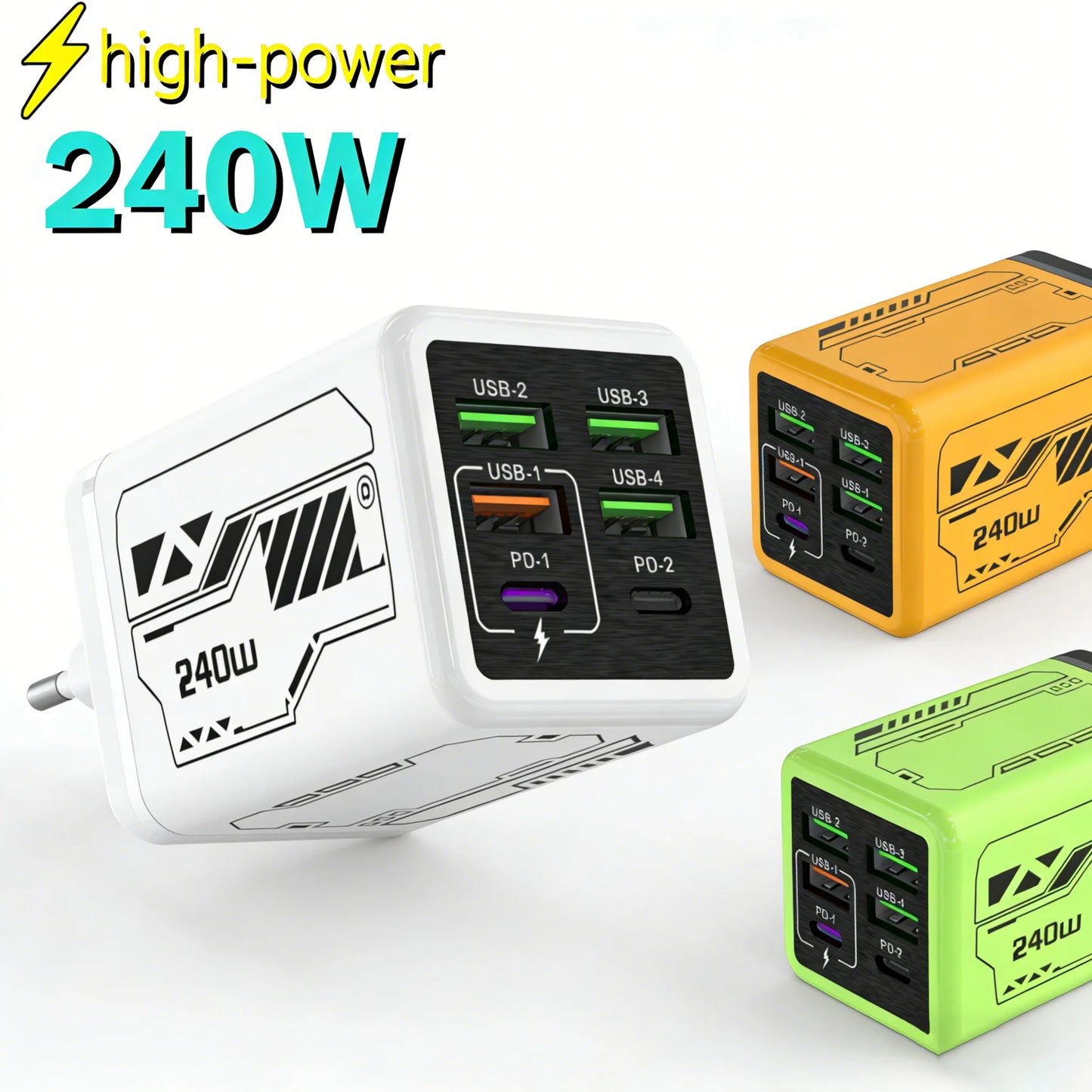 240W 6-Port USB Wall Charger PD QC3.0 Fast Charge EU/UK/US
