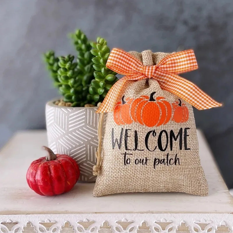 5-Pack Mini Pumpkin Burlap Drawstring Bags | Halloween Decor