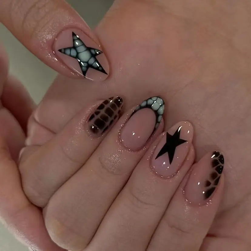 10pcs Handmade y2k Star Press on Nails Crocodile Print French Fake Nail Tips Wearable Reusable Spice Girl Sweet Cool False Nails Peaceful Pleasures Health and Wellness