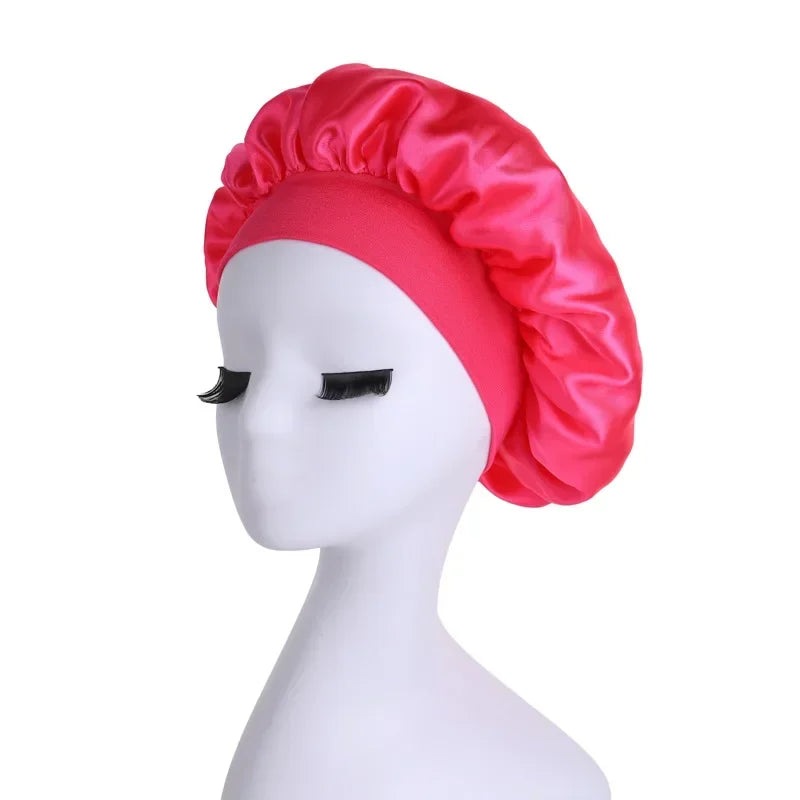 Women's Satin Solid Wide-brimmed Sleeping Hat Night Sleep Cap Hair Care Bonnet Nightcap for Women Men Unisex Cap Bonnet De Nuit Peaceful Pleasures Health and Wellness rose red