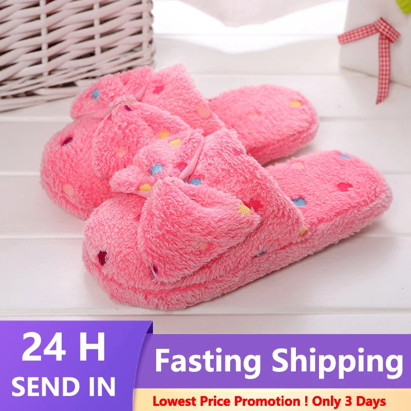 Women's Winter Plush Slippers | Cute Bow Non-Slip House Shoes
