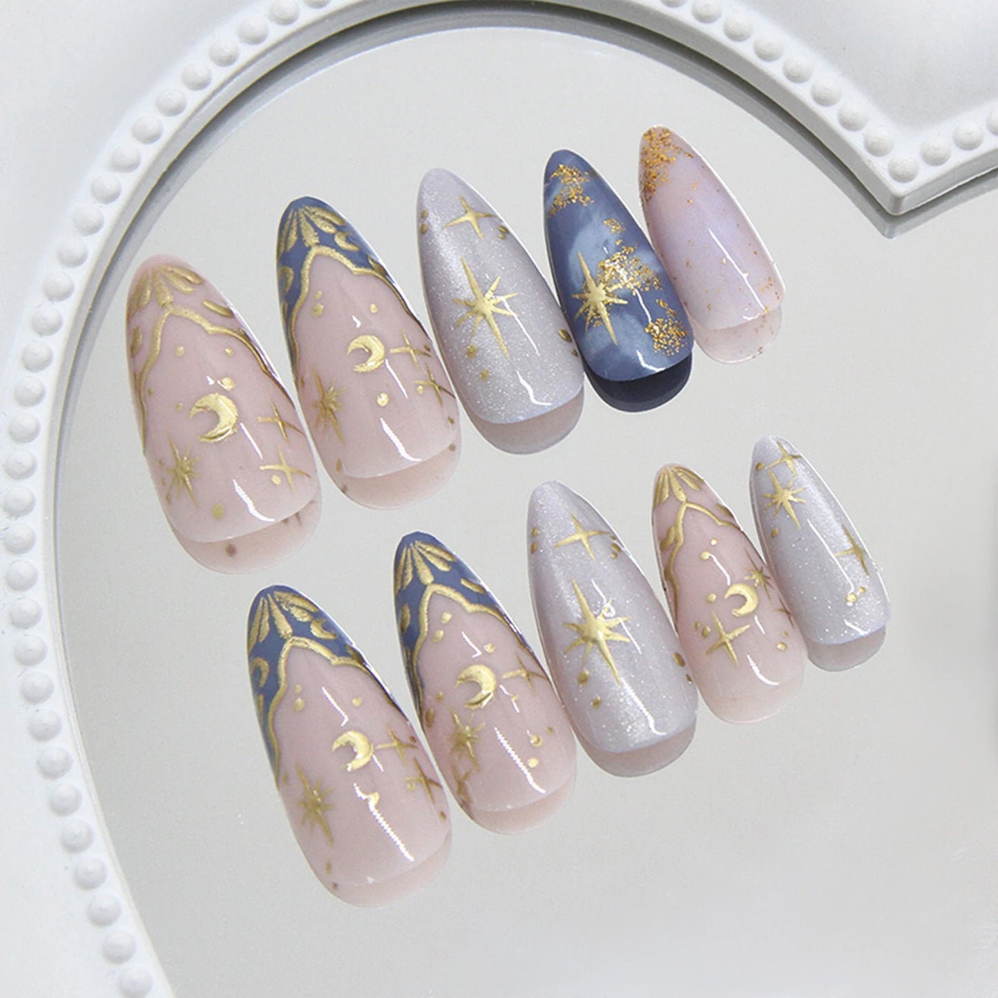 24pc French Almond Press On Nails | 3D Star Moon Cat Eye Design