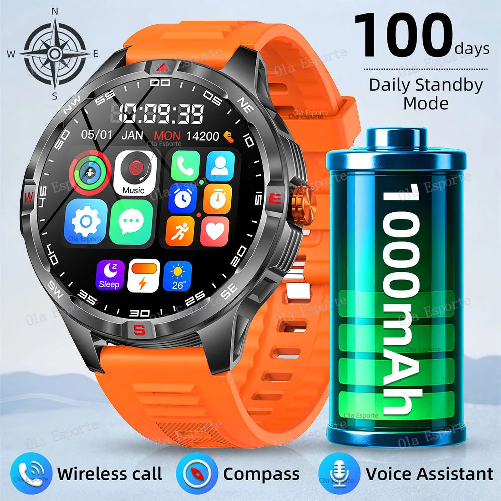 Military 1000mAh Battery Sports Smart Watch Adult Men Compass BT Call Heart Rate Health Monitoring IP68 Waterproof SmartWatches Peaceful Pleasures Health and Wellness Orange
