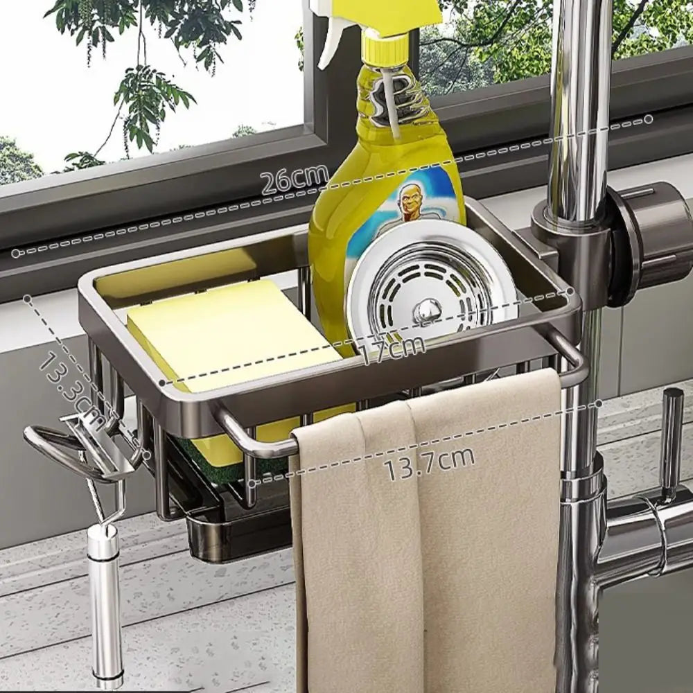 Space Aluminum Kitchen Sink Drain Rack Bathroom Organizer Soap Drainer Shelf Sponge Storage Basket Save Space Multipurppse Peaceful Pleasures Health and Wellness Gray-On Left