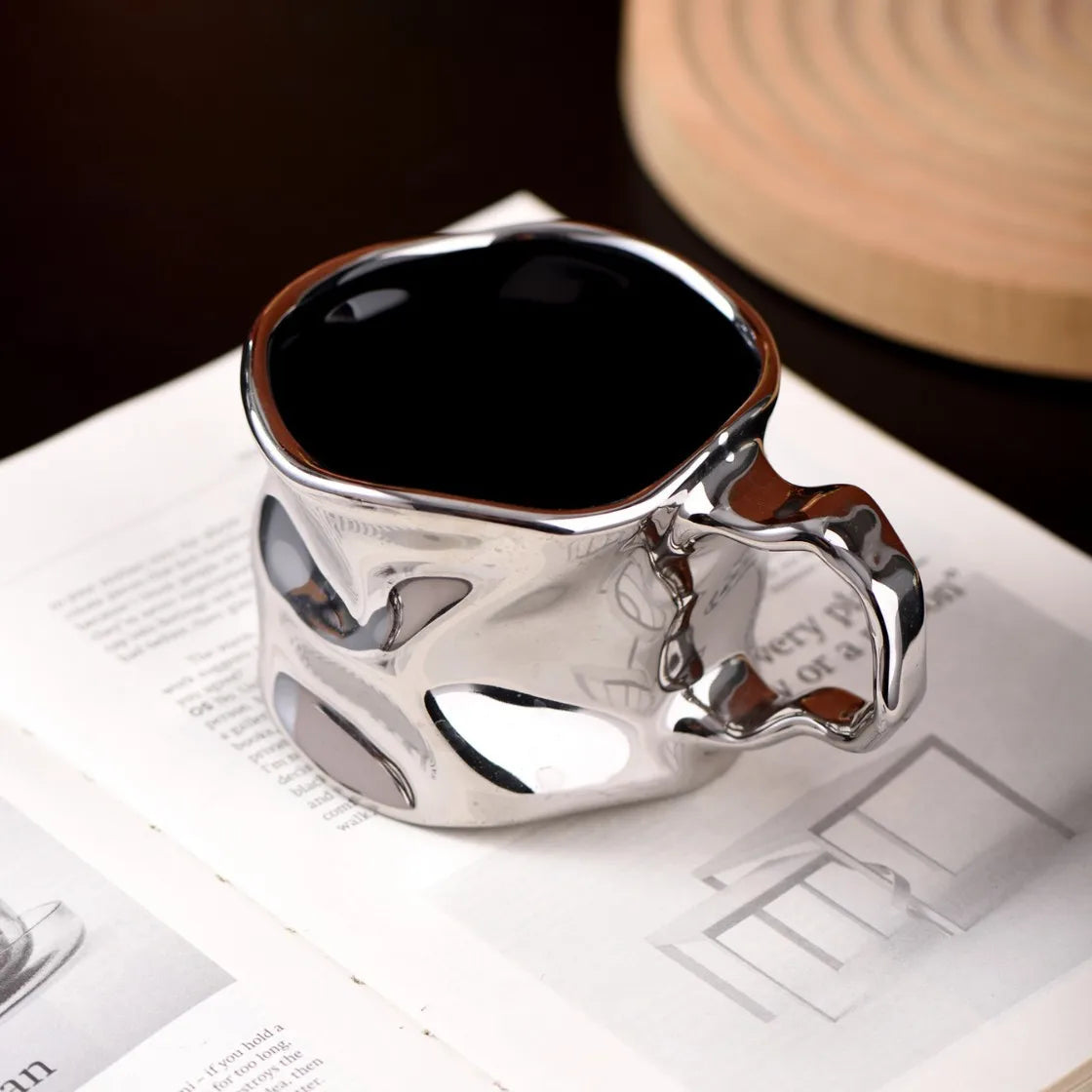 Modern Electroplated Silver Ceramic Coffee Mug | Abstract Art