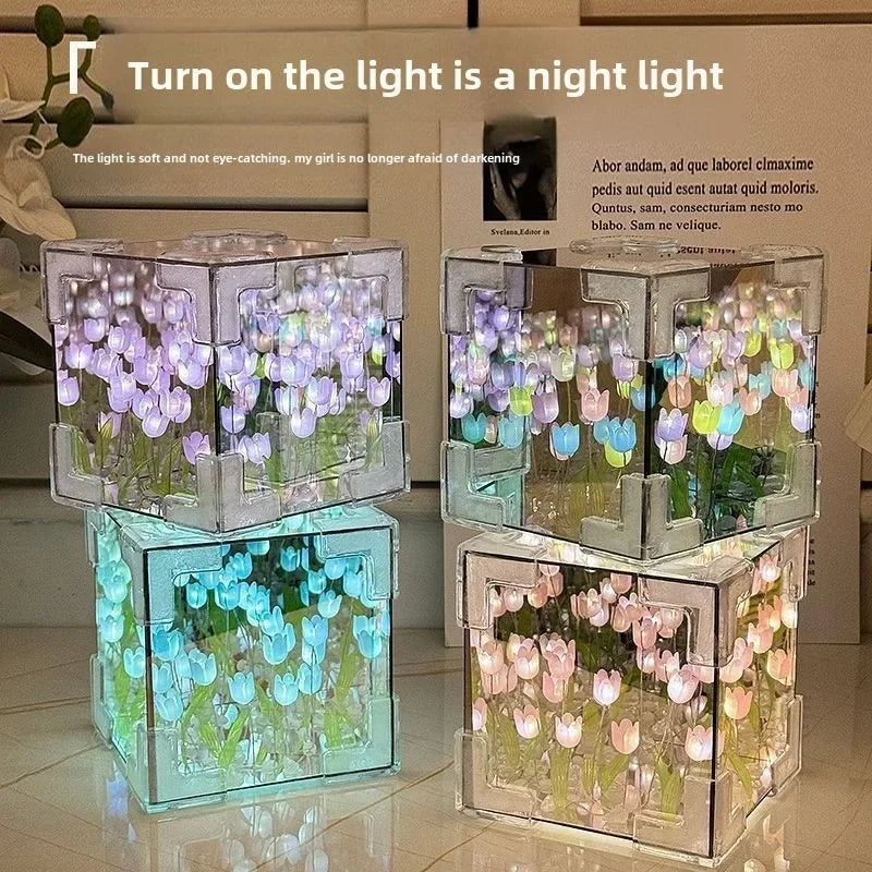Hot Tulip Nightlight Handmade DIY Material Cube Tulip Mirror Bedroom Decor Atmosphere Lamp Valentine's Day Birthday Gift Peaceful Pleasures Health and Wellness