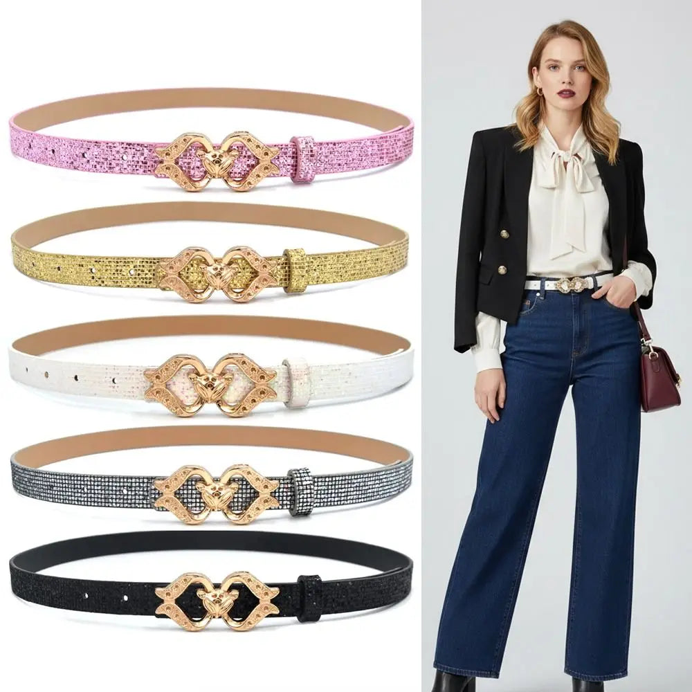 Women's Rhinestone Glitter Belt – Fox Buckle PU Leather